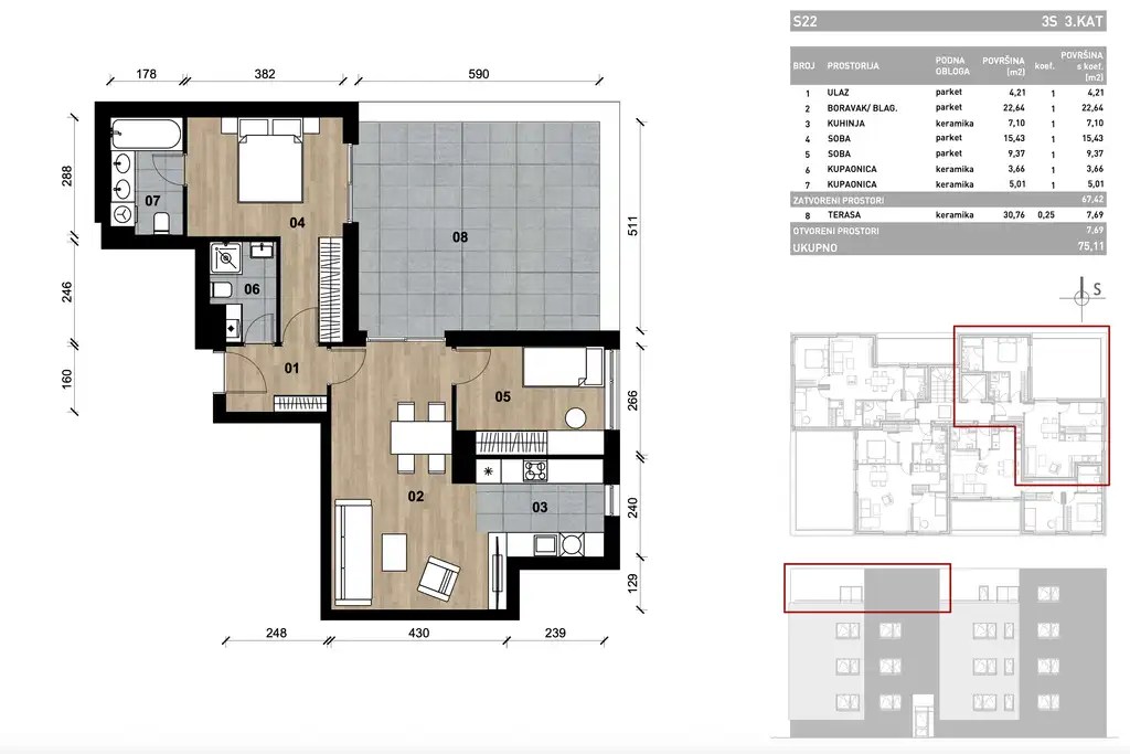 Zagreb, Dugave – 3-Zimmer-Wohnung im 3. Stock mit großzügiger Terrasse