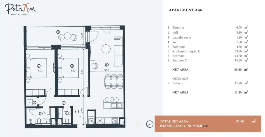 Istrien, Petram Resort – Dreizimmer-Apartment 92 m², Balkon, Meerblick