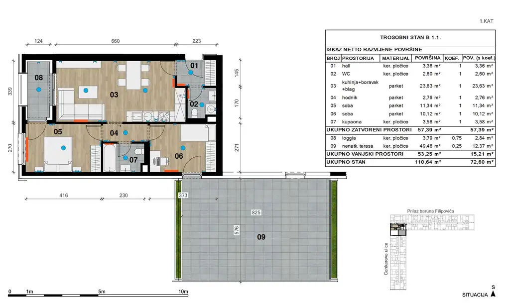 Zagreb, Črnomerec - Trosoban stan 73 m2, loggia, terasa, lift