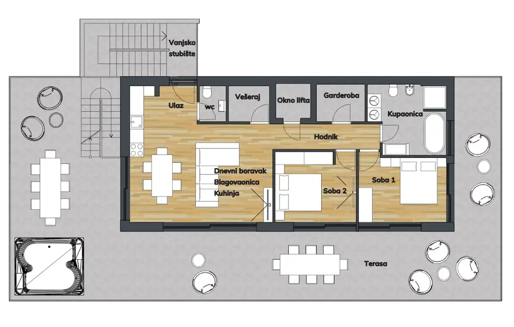 Gračani, penthouse 173 m²— strešná záhrada, terasa, výťah, garážové miesto