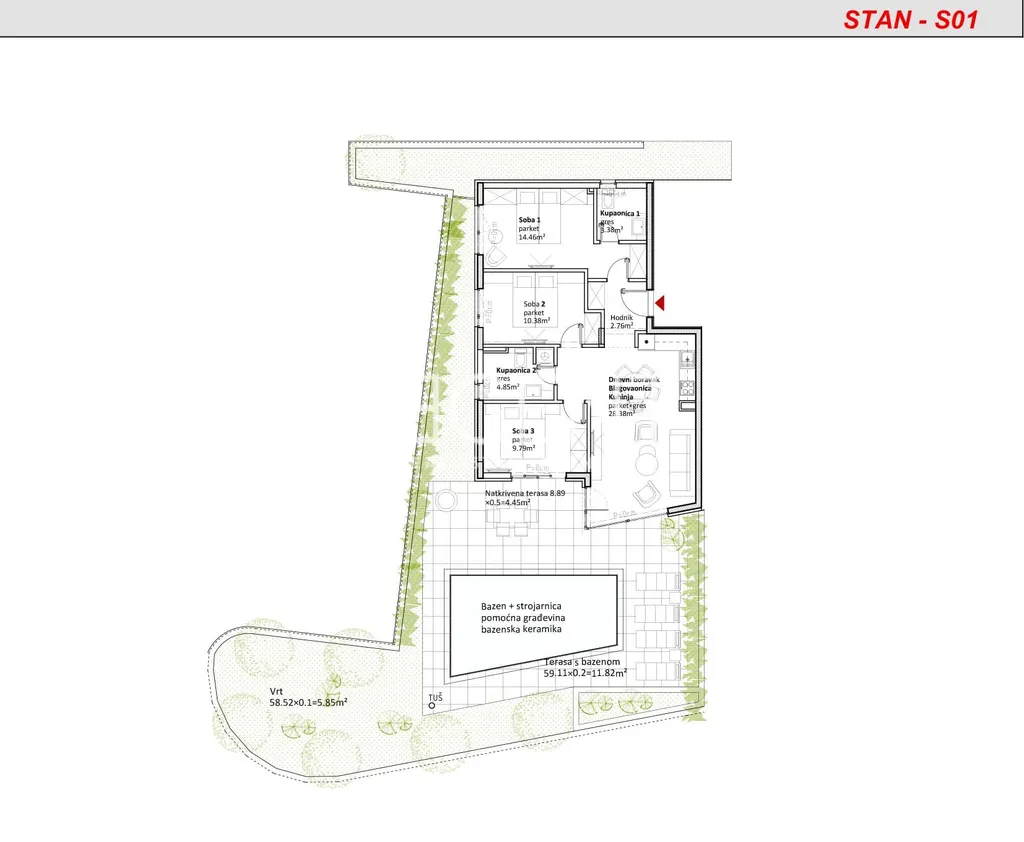 Zadar, Sukošan - Trosoban stan u novogradnji, 98 m2