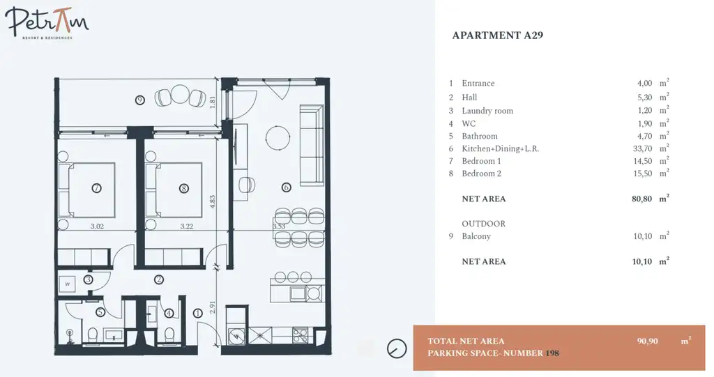 Istra, Petram Resort – trosoban apartman 91m², 2. kat, balkon