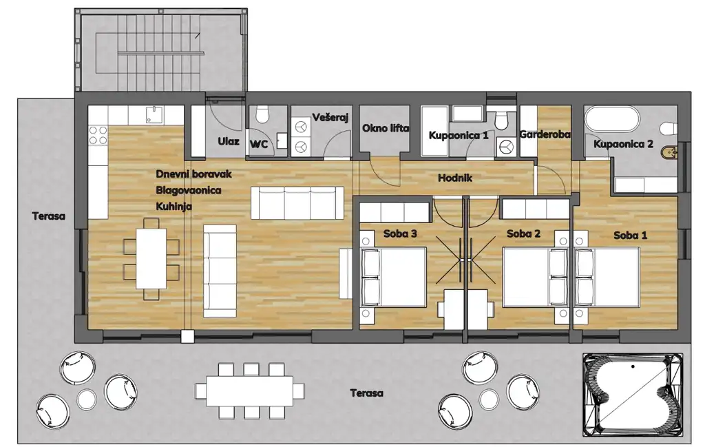 Gračani, stan 185 m² — terasa, garažno mjesto, lift, garderoba