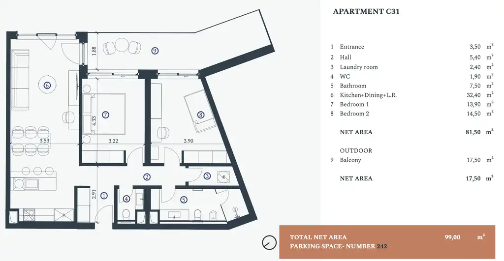 Istra, Petram Resort – apartman 99,00 m², 2SS, 1. kat, pogled na park