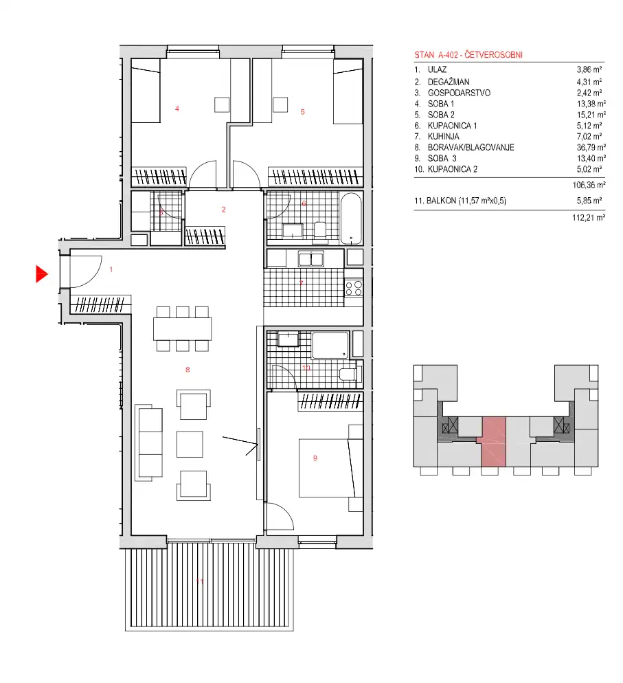 Stan 112 m², Vrbani — 3 spavaće sobe, balkon, 2 garaže