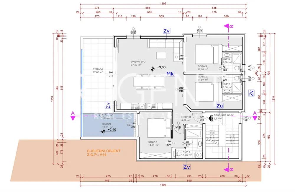 Šibenik, Grebaštica - Třípokojový byt s bazénem 109 m2 NOVÚ STAVBA