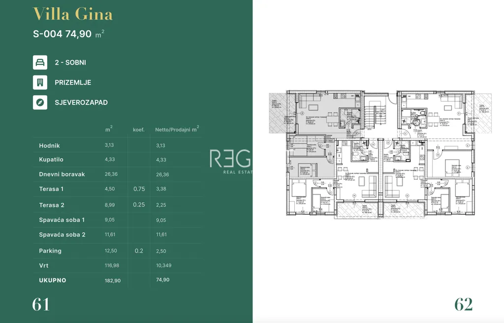 Zadar, Privlaka - Luxusní dvoupokojový byt ve Vile Gina, novostavba 74 m2