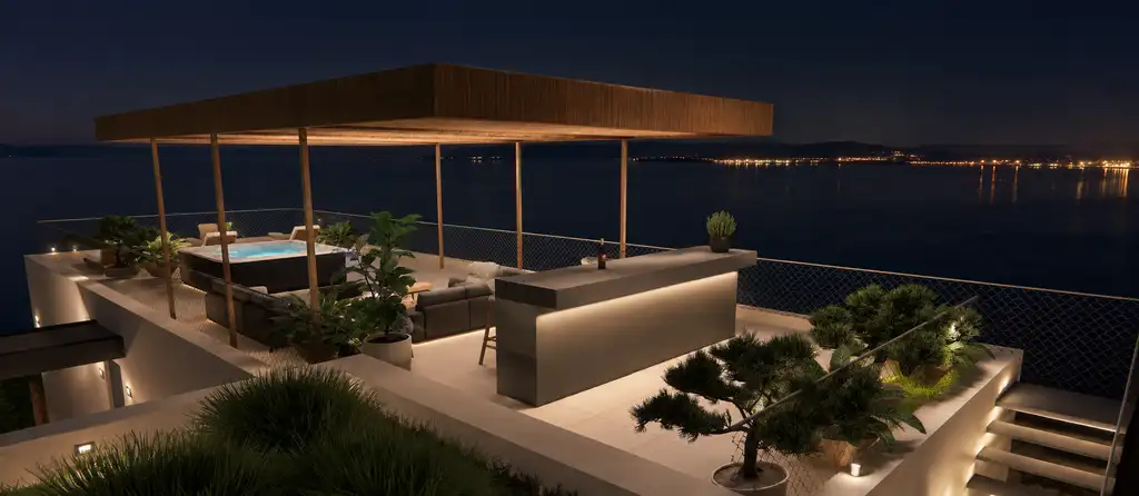Ugljan — construction neuve avec 4 appartements, parking et vue sur la mer