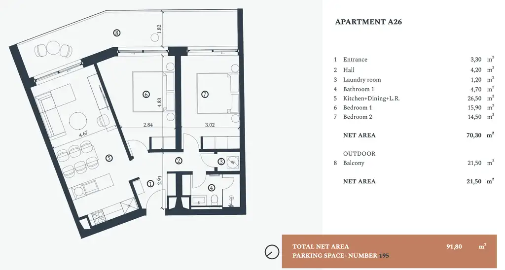 Istra, Petram Resort – trosoban apartman 92 m²,2. kat, balkon, parking