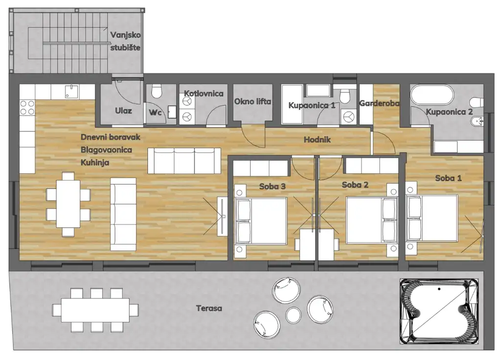 Gračani, stan 185 m² — terasa, garažano mjesto, lift, garderoba