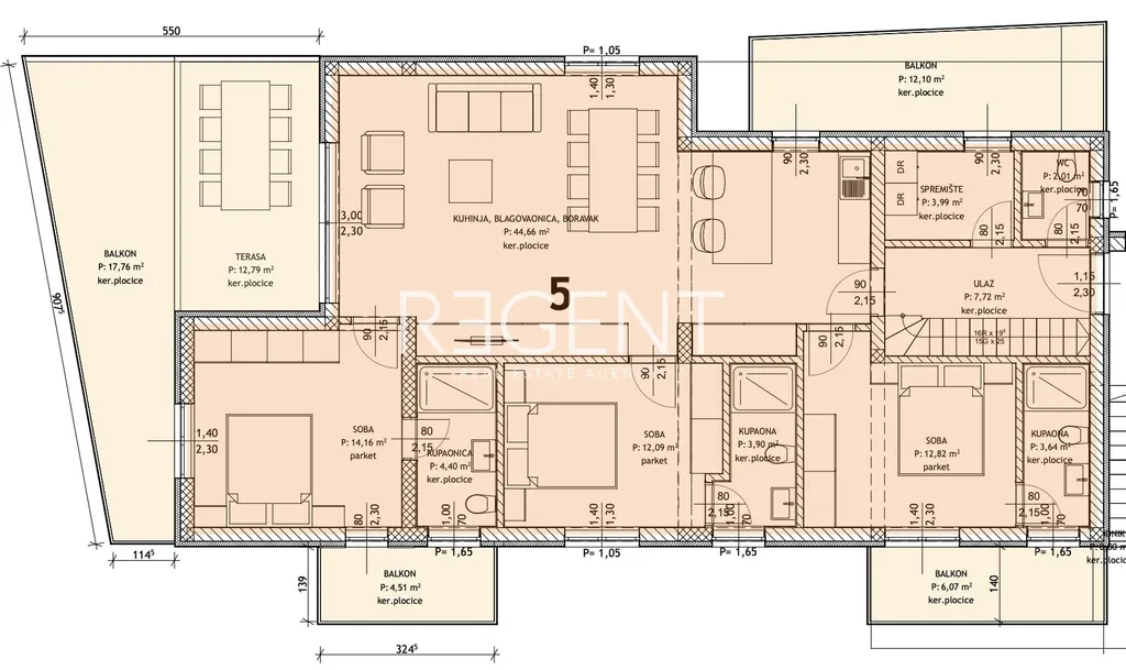 Poreč, Vranići - Štvorizbový byt na poschodí so strešnou terasou 162,62 m2