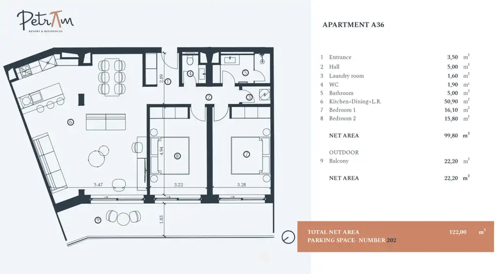 Istra, Petram Resort – trosoban apartman 122 m²,2. kat, pogled na more