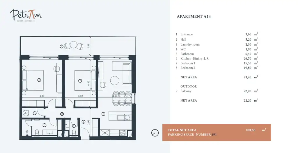 Istra, Petram Resort – trosoban apartman 104 m², balkon 22 m², parking