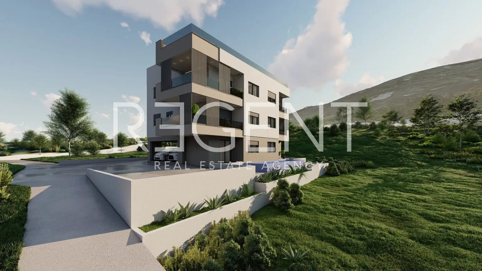 Podstrana - Trisobno stanovanje z vrtom, bazenom in pogledom na morje