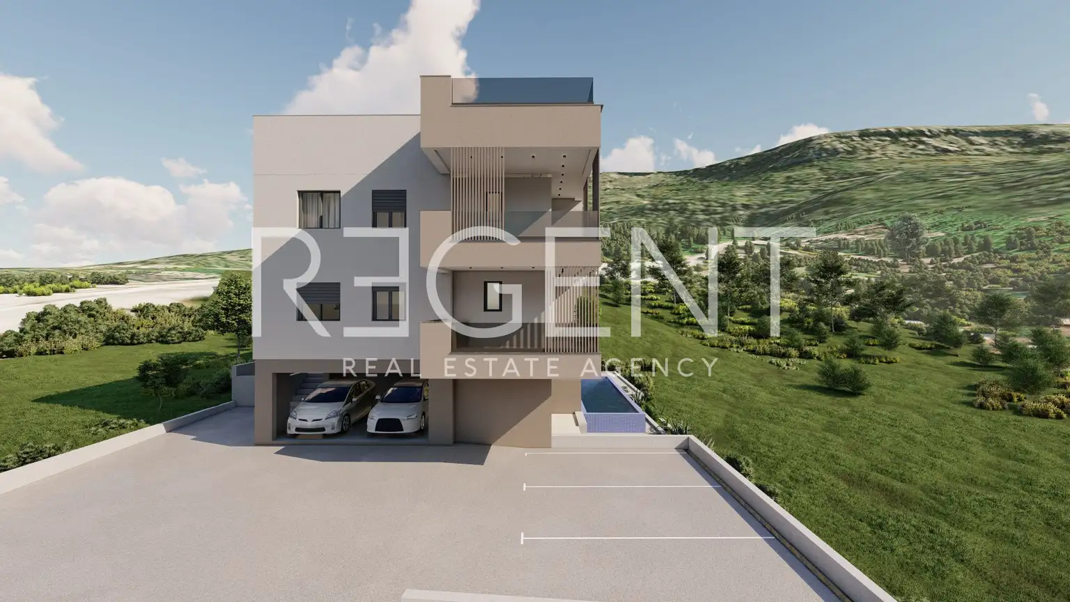 Podstrana - Trisobno stanovanje z vrtom, bazenom in pogledom na morje