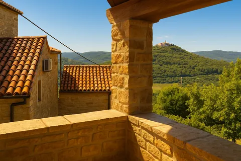 Istra, Motovun - tradicionalna istarska kuća s pogledom na Motovun