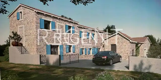 Istrien, Kostrčani - Projekt, Steinhof mit der Möglichkeit der Renovierung und des Baus einer Steinvilla