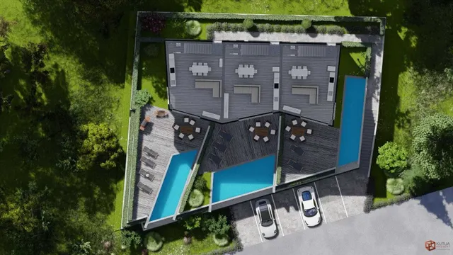 Pag, Mandre - Nowe budynki mieszkalne z trzema apartamentami z basenami.